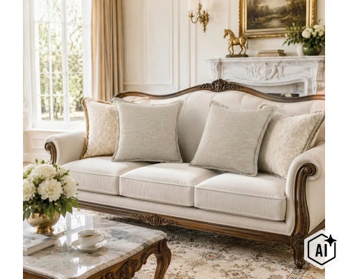 Klassieke woonkamer met elegante houten bank met stoffen bekleding en decoratieve kussens voor een open haard in een lichte ruimte. (Image AI modified or generated)