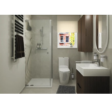 Moderne badkamer met inloopdouche, wandtegels met golfpatroon, toilet, wastafelmeubel met houtlook en een ronde spiegel.