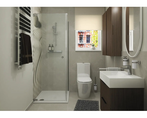 Moderne badkamer met inloopdouche, wandtegels met golfpatroon, toilet, wastafelmeubel met houtlook en een ronde spiegel.