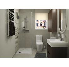 Moderne badkamer met inloopdouche, hangend toilet, donker wastafelmeubel en een ovale spiegel.