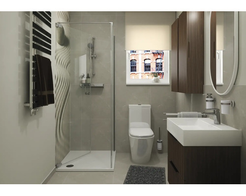 Moderne badkamer met inloopdouche, hangend toilet, donker wastafelmeubel en een ovale spiegel.