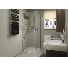 Moderne badkamer met hoekdouchecabine, zen-muurmotief, staand toilet, wastafel met onderkast en handdoekradiator in een lichte ruimte.
