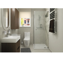 Moderne badkamer met wastafelmeubel, wandkast, toilet en een douchecabine met een wand met textuur.