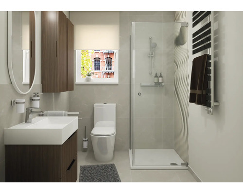 Moderne badkamer met wastafelmeubel, wandkast, toilet en een douchecabine met een wand met textuur.