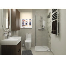 Moderne badkamer met wastafelmeubel, toilet en een douchecabine met een gestructureerde wand in een lichte en georganiseerde ruimte.