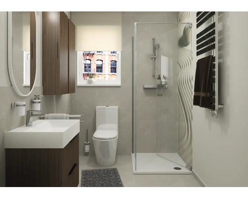 Moderne badkamer met wastafelmeubel, toilet en een douchecabine met een gestructureerde wand in een lichte en georganiseerde ruimte.