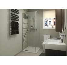 Moderne badkamer met hoekdouchecabine, wastafel, toilet, handdoekradiator en tegels met golfpatroon.
