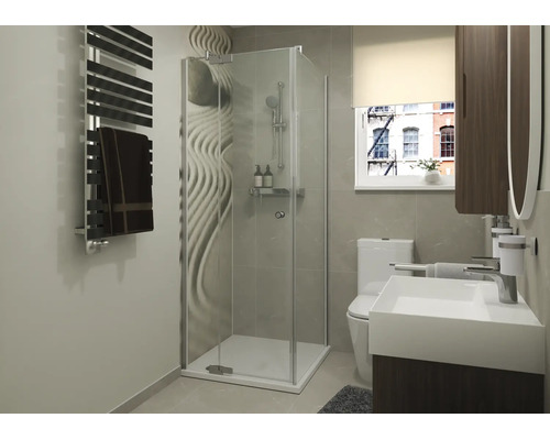 Moderne badkamer met hoekdouchecabine, wastafel, toilet, handdoekradiator en tegels met golfpatroon.