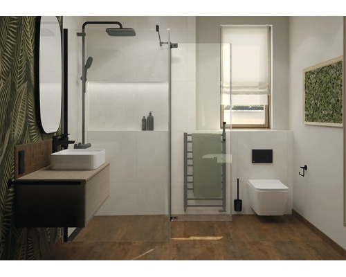 Moderne badkamer met inloopdouche, wastafel, hangend toilet en handdoekradiator, gecombineerd met houtlook en behang met bladmotief.