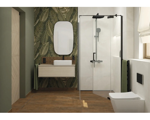 Moderne badkamer met wastafel, hangend badmeubel, opzetwastafel, spiegel, inloopdouche en hangend toilet.