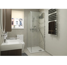 Moderne badkamer met hoekdouchecabine, witte wastafel op houten onderkast, wandtoilet en een handdoekradiator aan de muur.