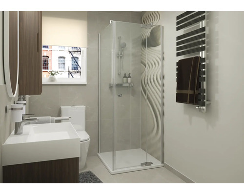 Moderne badkamer met hoekdouchecabine, witte wastafel op houten onderkast, wandtoilet en een handdoekradiator aan de muur.
