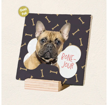 Vierkant houten bord met Franse buldog motief, bottenpatroon en tekst Bone Jour, afgewerkt met goudfolie op houten standaard.