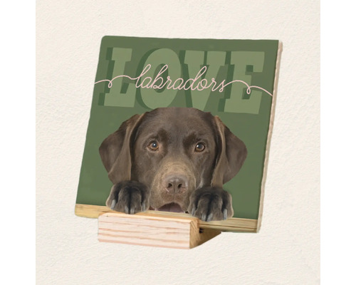 Decoratief tegelbord met Labrador afbeelding op houten standaard