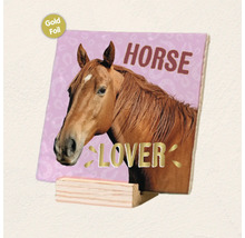 Vierkant bord met paardenafbeelding en tekst Horse Lover inclusief goudfolie afwerking op houten standaard