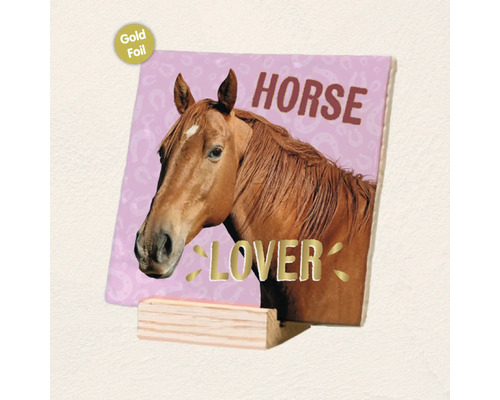 Vierkant bord met paardenafbeelding en tekst Horse Lover inclusief goudfolie afwerking op houten standaard