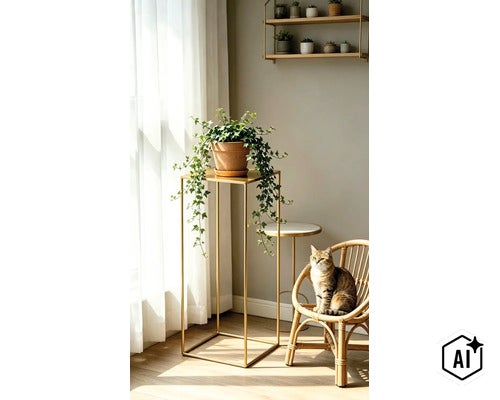 Woonruimte met een metalen plantenstandaard met klimop, een rotan stoel met een kat en een wandplank met kleine potplanten. (Image AI modified or generated)