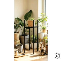 Een hoge, zwarte metalen plantenstandaard staat in een lichte woonruimte, omringd door verschillende kamerplanten in potten en een kat. (Image AI modified or generated)