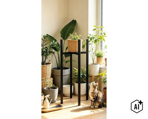 Een hoge, zwarte metalen plantenstandaard staat in een lichte woonruimte, omringd door verschillende kamerplanten in potten en een kat. (Image AI modified or generated)