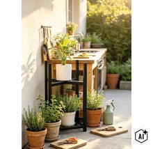 Zwarte metalen plantenstandaard voor buiten met diverse kruidenpotten op een terras bij een buitenkeuken. (Image AI modified or generated)