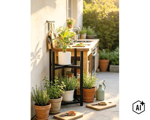 Zwarte metalen plantenstandaard voor buiten met diverse kruidenpotten op een terras bij een buitenkeuken. (Image AI modified or generated)