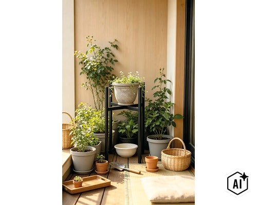 Plantenstandaard met bloempotten, planten en tuingereedschap op een houten vloer voor een decoratieve en georganiseerde balkoninrichting. (Image AI modified or generated)