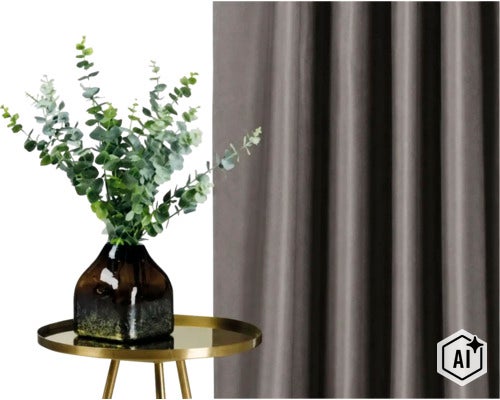 Een moderne bijzettafel met eucalyptusbladeren in een glazen vaas voor een zware gordijn. (Image AI modified or generated)