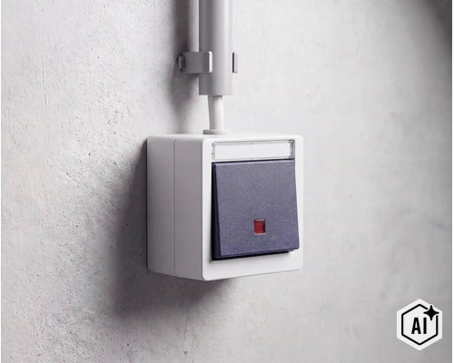 Opbouw lichtschakelaar met controlelampje gemonteerd op een wand met kabelgoot (Image AI modified or generated)