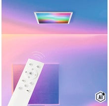 Vierkante LED plafondlamp met afstandsbediening voor het regelen van RGB kleurlicht en lichtintensiteit. (Image AI modified or generated)