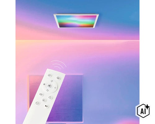 Vierkante LED plafondlamp met afstandsbediening voor het regelen van RGB kleurlicht en lichtintensiteit. (Image AI modified or generated)