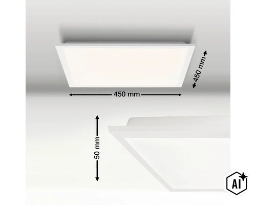 Vierkante LED plafondlamp met afmetingen 450 bij 450 bij 50 millimeter (Image AI modified or generated)