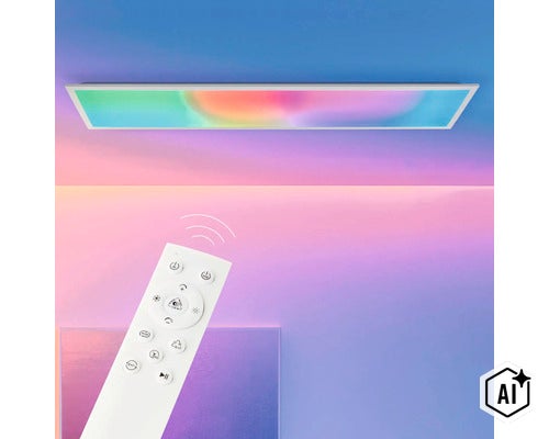 Rechthoekig LED plafondpaneel met afstandsbediening voor RGB en lichtkleurinstelling (Image AI modified or generated)