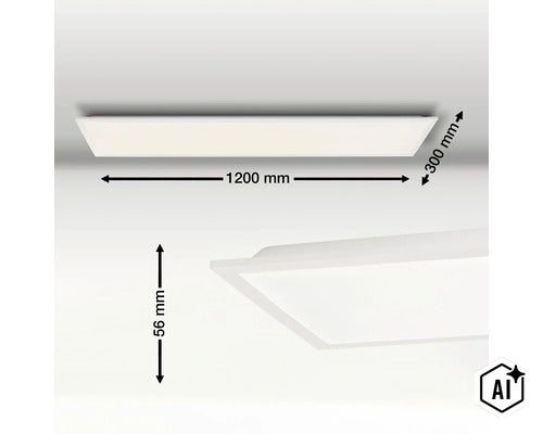 Rechthoekig ledpaneel met afmetingen 1200 mm lengte, 300 mm breedte en 56 mm hoogte. (Image AI modified or generated)