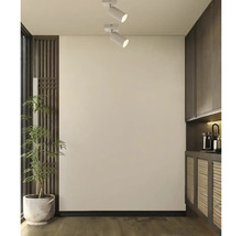 Moderne plafondspots aan een lichte muur in een stijlvol interieur met houtaccenten en een plant.