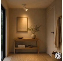 Een moderne plafondspot verlicht een entree met een houten consoletafel, een vaas en ingelijste kunst aan de muur in een woonruimte. (Image AI modified or generated)