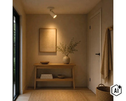 Een moderne plafondspot verlicht een entree met een houten consoletafel, een vaas en ingelijste kunst aan de muur in een woonruimte. (Image AI modified or generated)