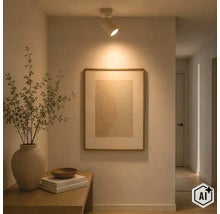 Plafondspot verlicht een ingelijst kunstwerk aan een muur in een woonkamer met een plant in een vaas en boeken op een dressoir. (Image AI modified or generated)