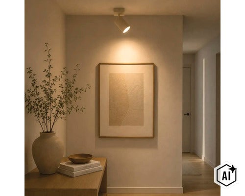 Plafondspot verlicht een ingelijst kunstwerk aan een muur in een woonkamer met een plant in een vaas en boeken op een dressoir. (Image AI modified or generated)