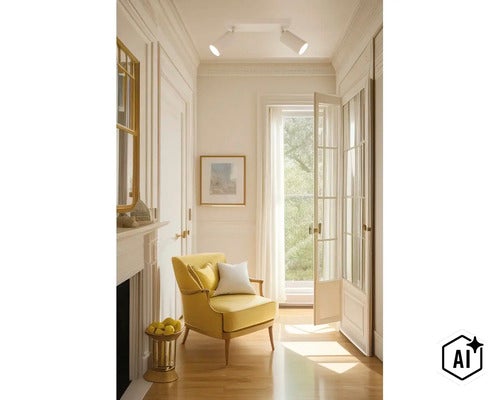 Een lichte gang met plafondspots en een gele fauteuil voor een openslaande deur met glas en een open haard. (Image AI modified or generated)