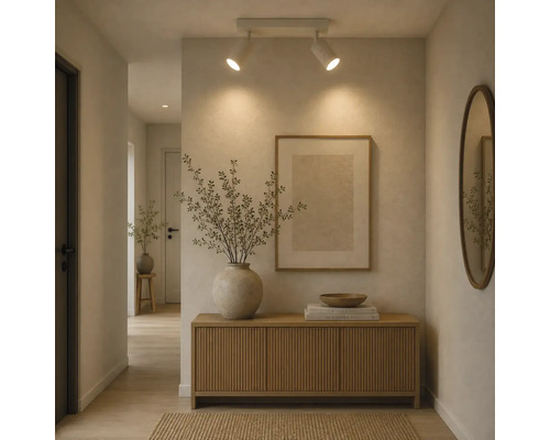 Een moderne hal met houten dressoir, ronde wandspiegel, ingelijste afbeelding en plafondspots die warm licht op de muur werpen.