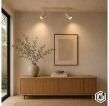 Moderne plafondlamp met twee spots boven een houten dressoir met vaas en schilderij in een sfeervol interieur. (Image AI modified or generated)