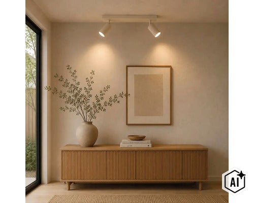 Moderne plafondlamp met twee spots boven een houten dressoir met vaas en schilderij in een sfeervol interieur. (Image AI modified or generated)
