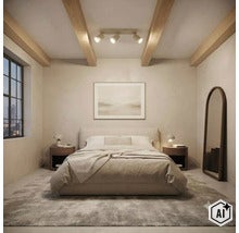 Een moderne slaapkamer met een tweepersoonsbed, houten balkenplafond, een grote passpiegel en plafondspots in een rustige inrichting. (Image AI modified or generated)