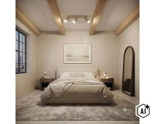 Een moderne slaapkamer met een tweepersoonsbed, houten balkenplafond, een grote passpiegel en plafondspots in een rustige inrichting. (Image AI modified or generated)