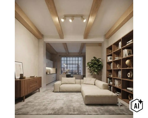 Modern woonkamerinterieur met houten balkenplafond, grote hoekbank, houten open boekenkast en aangrenzende open keuken. (Image AI modified or generated)