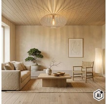 Woonkamer in Japanse stijl met houten tafel, bank, stoel en een ronde plafondlamp van metalen stijlen die een decoratief lichtpatroon werpt. (Image AI modified or generated)