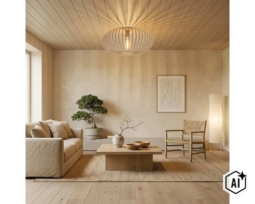 Woonkamer in Japanse stijl met houten tafel, bank, stoel en een ronde plafondlamp van metalen stijlen die een decoratief lichtpatroon werpt. (Image AI modified or generated)