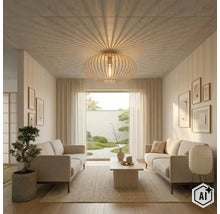 Een lichte woonkamer met een ronde houten plafondlamp die een stralend lichtpatroon op het plafond werpt en een Japanse sfeer creëert. (Image AI modified or generated)