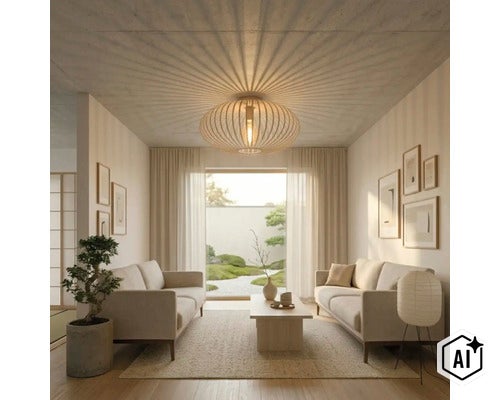 Een lichte woonkamer met een ronde houten plafondlamp die een stralend lichtpatroon op het plafond werpt en een Japanse sfeer creëert. (Image AI modified or generated)