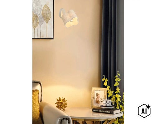 Moderne wandlamp in bloemvorm gemonteerd boven een bijzettafel in een stijlvol ingerichte woonkamer (Image AI modified or generated)